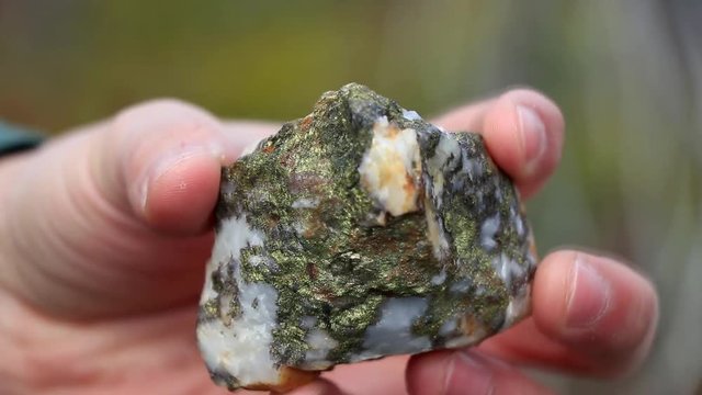 A man is showing a rock full a gemstone.