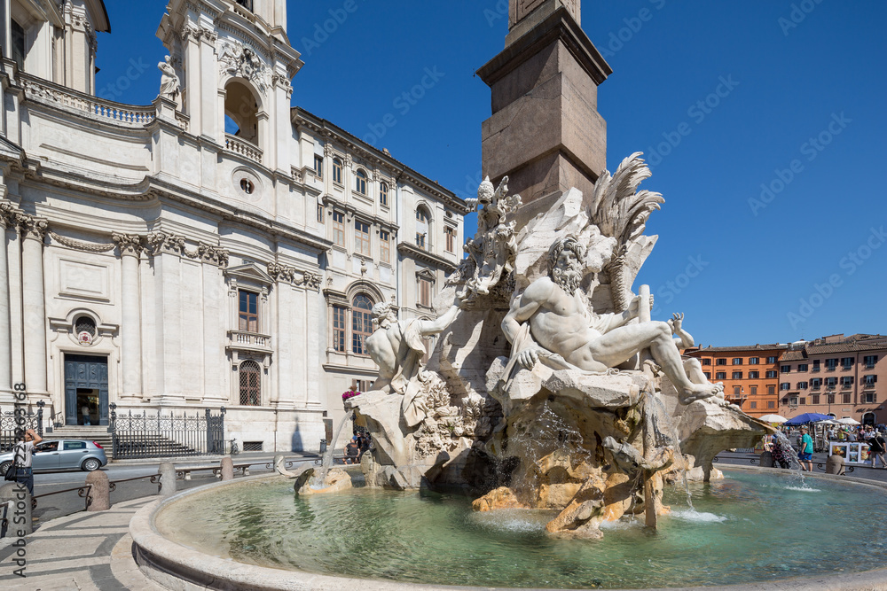 Wall mural detail view of the fontana dei quattro fiumi which is a fountain in the piazza navona in rome, italy