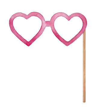 Heart shaped eye glasses on wooden stick, photo booth props illustration. Pink color, flirty, funny, cute. Hand drawn watercolour graphic drawing on white background, one single cutout clip art item.
