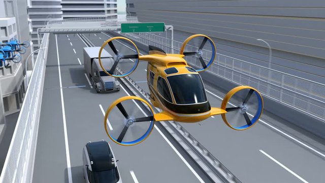 Yellow Self-driving Passenger Drone Taxi flying through highway. Fleet of delivery drones flying along with truck driving on the highway. 3D rendering animation.