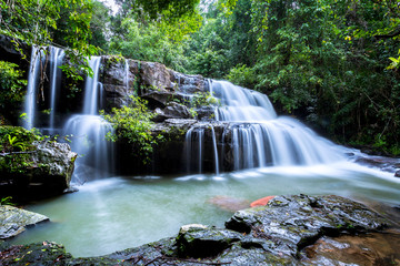 Pang Sida waterfall during rainy season. The beautiful waterfall in deep forest at Pang Si Da National Park, Srakaew Thailand