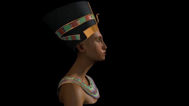Nefertiti Queen of Egypt reconstruction CGI Egyptian Pharaoh headdress gold necklace inspired by plaster bust, decoration, Makeup, black background Moving from back to front