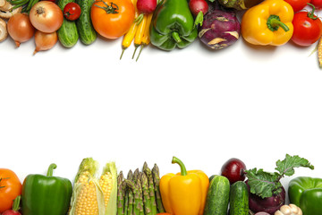 Assortment of fresh vegetables on white background, top view. Space for text