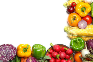 Assortment of fresh vegetables on white background, top view. Space for text