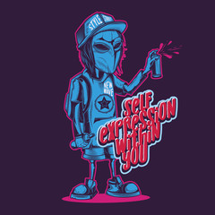 Neon Alien with a can of paint in his hands. Vector illustration in retro style. Design for stickers or t-shirt.