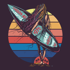 Original vector illustration, in retro neon style, girl going to the sea, with surfing in hand. - obrazy, fototapety, plakaty