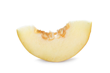 Slice of tasty ripe melon on white background