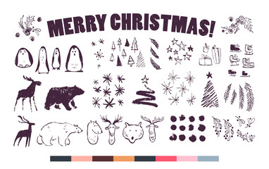 Vector collection of artistic hand drawn christmas decor elements in sketch style - penguin, deer, polar bear, fir tree, snowflakes, skates, mistletoe etc. Good for cards, gift tags, packaging design.