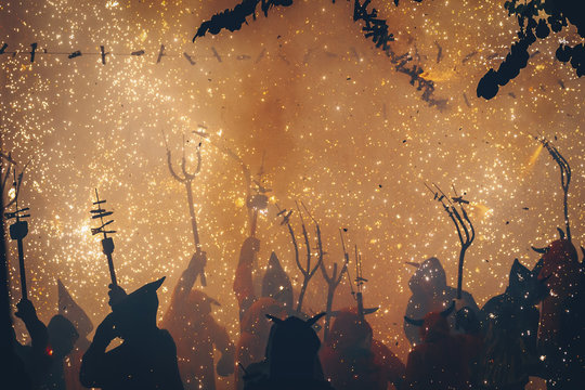 Silhouette of people at the Correfoc Festival, Catalonia, Spain