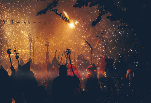 Silhouette of people at the Correfoc Festival, Catalonia, Spain