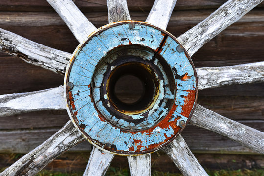Old Wooden Wagon Wheel Close Up