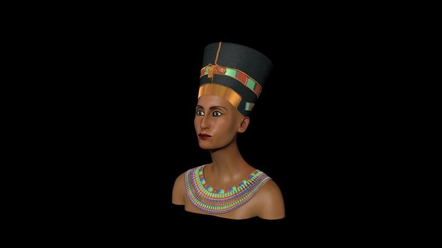 Nefertiti Queen of Egypt reconstruction CGI Egyptian Pharaoh headdress gold necklace  bust, Makeup, black background Moving around from high to low angle