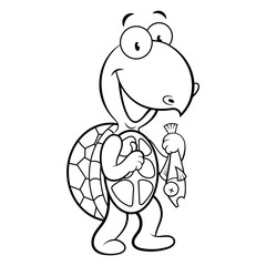 Cute Turtle Catching a Fish Coloring Book Cartoon Vector