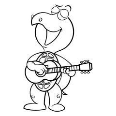 Cute Turtle sing a Song while playing guitars coloring book cartoon vector