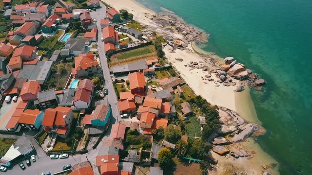 Aerial view of the farms and traditional houses of Boiro bay, Galicia, Spain.
