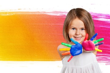 Cute little girl with colorful painted hands