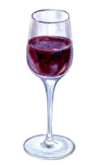 Glass of red wine, watercolor illustration on white background, isolated with clipping path.