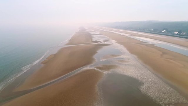 Drone footage -  aerial shot of Omaha Beach (D-day World War 2) in Normandy France