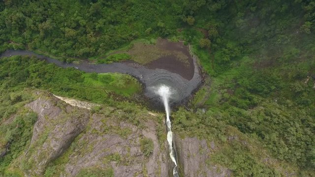 Aerial view of Condor Machay Waterfall In the Rio Pita Valley near Cotopaxi Volcano, Ecuador