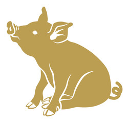 Flat Symbolic Pig - golden color, Sitting