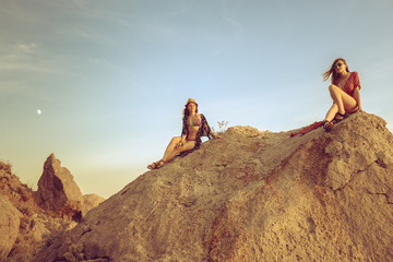 women on the top of mountain, lifestyle freedom travel concept