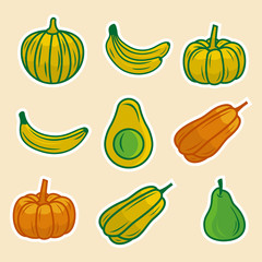fruits set vector illustration with banana, avocado, pears and pumpkin