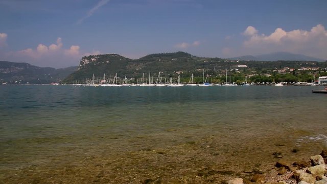 Pan Shot of marina of Bardolino at Lake Garda (Lago Di Garda) in northern Italy.