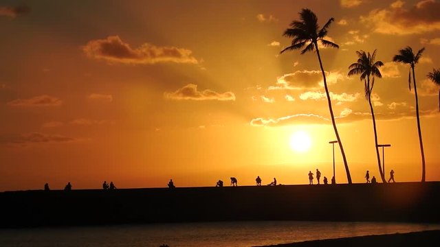 Strangers gather for a Hawaiian style sunset in the city of Honolulu on the island of Oahu,Hawaii.
