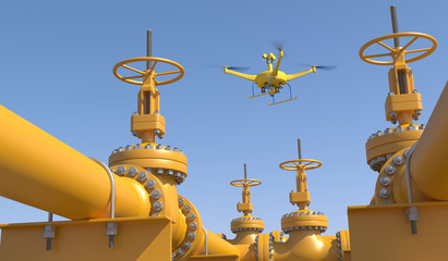 3D illustration of a UAV drone in flight inspecting oil/gas pipeline valves. Fictitious UAV, motion blur and depth-of-field for dramatic effect.