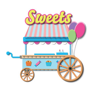 Realistic paper effect street food cart with wheels. Sweets cart mockup. Vector illustration EPS 10