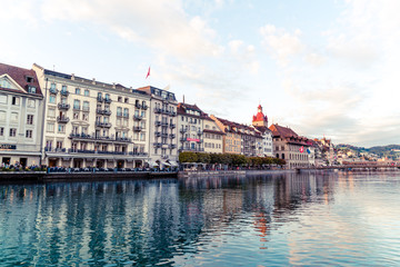 Luzern, Switzerland - August 28, 2018 : View of Luzern city, River Reuss with old building, Luzern, Switzerland.