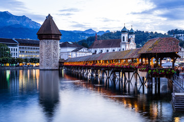 Historic city center of Lucerne with famous Chapel Bridge in Switzerland.