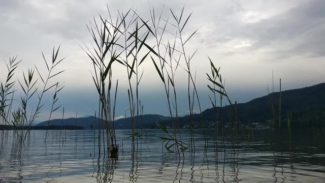 A quiet day in Lake Worthersee near Klagenfurt in Carinthia, Austria. A man paddling in the background.