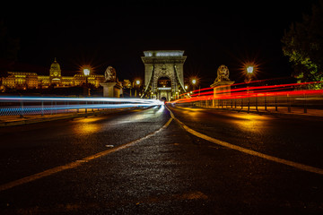 Fototapeta na wymiar Traffic flows over the Chain Bridge, Budapest