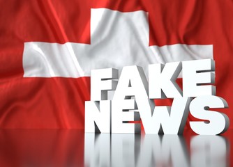Fototapeta premium 3d render, fake news lettering in front of Realistic Wavy Flag of switzerland.