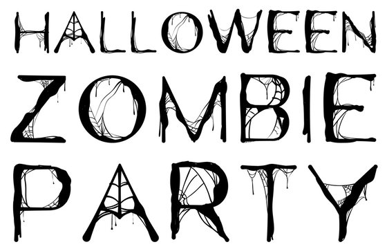 Halloween zombie party text spider web isolated on white