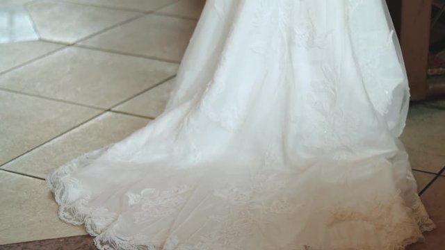 Detail of bride's dress and hairstyle on her back.