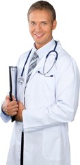 Fototapeta premium Young male doctor smiling and holding a clipboard or patient