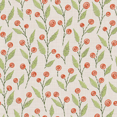  Embroidery floral seamless pattern on linen cloth texture