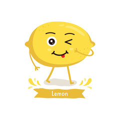 Obraz premium Cute Lemon character, Lemon cartoon vector illustration. Cute fruit vector character isolated on white background