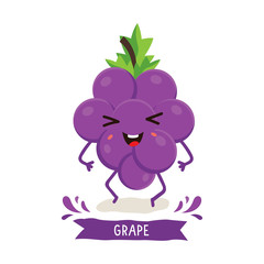 Cute Grape character, Grape cartoon vector illustration. Cute fruit vector character isolated on white background