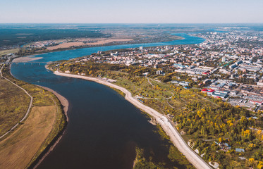 Fototapeta premium Tomsk cityscape from aerial view. Modern city. Autumn season