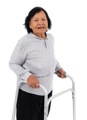 senior woman using walker isolated on white background