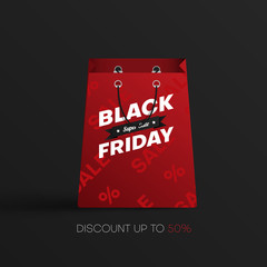 Black friday super sale poster with red shopping bag.