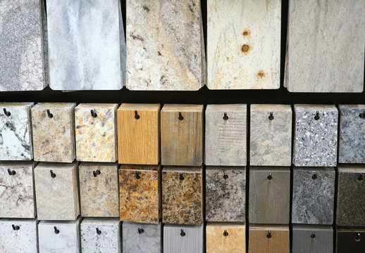 hanging granite color and pattern samples in the store