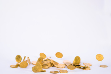 Movement of falling gold coin, flying coin, rain money with soft shadow on white background, business and financial wealth and take profit concept.