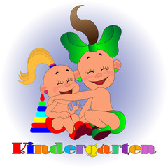 Obraz premium two girls enjoy the game together, a signboard of the kindergarten logo