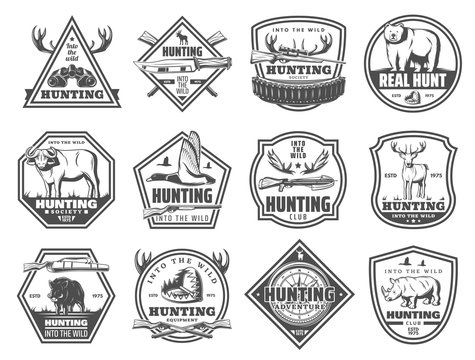 Wild forest and African animals hunt club icons