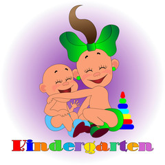 boy and girl enjoying the game together, a signboard of the kindergarten logo