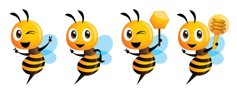 Cartoon cute bee mascot series. Cartoon cute bee pointing, victory hand sign, holding honey dipper and honey comb sign. Vector illustration isolated